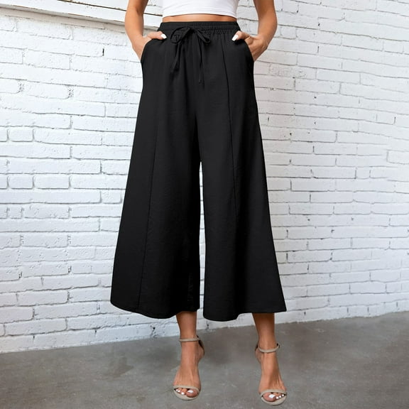 Women Baggy Pants Spring Flowy Business Casual Plain Elastic Waist Drawstring Wide Leg Capri Pants Summer Relaxed Loose Work Running Hiking Plus Size Sweatpants