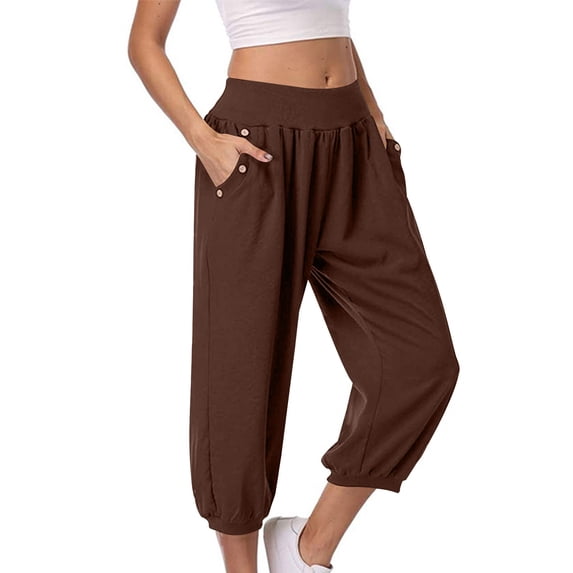 Women Baggy Pants Summer Elastic Waist Straight Leg Solid Color Cuffed Pants with Pockets Breathable Lounge Loose Capri Length Biker Running Gym Cropped Pants