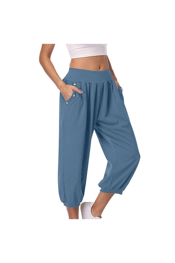 Women Baggy Pants Summer Elastic Waist Straight Leg Solid Color Cuffed Pants with Pockets Breathable Lounge Loose Capri Length Biker Running Gym Cropped Pants