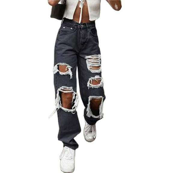 Women Baggy Ripped High Waisted Jeans Denim Pants Y2k Distressed Denim Pants Trousers Streetwear Plus Size