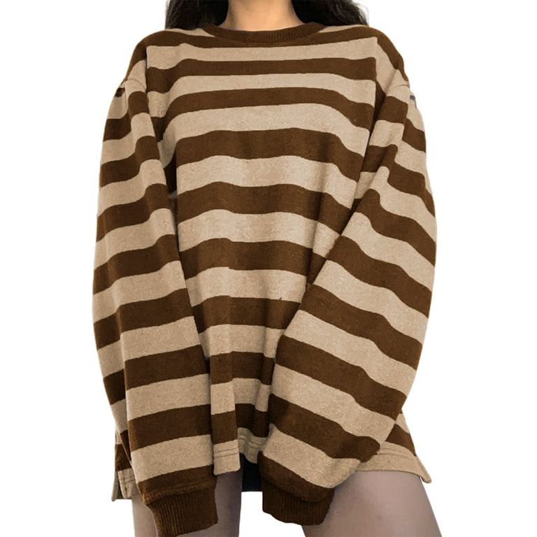 Women Baggy Striped Shirt Crewneck Y2k Oversized Stripes