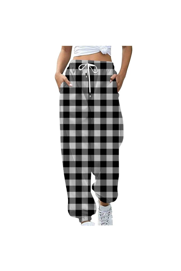 Women Baggy Sweatpants Checkered Pattern Workout Sweatpants with Pockets Wide Leg Cargo Trousers Baggy Jogging Joggers Casual Lounge Active Pants High Waisted Tracksuit Bottoms