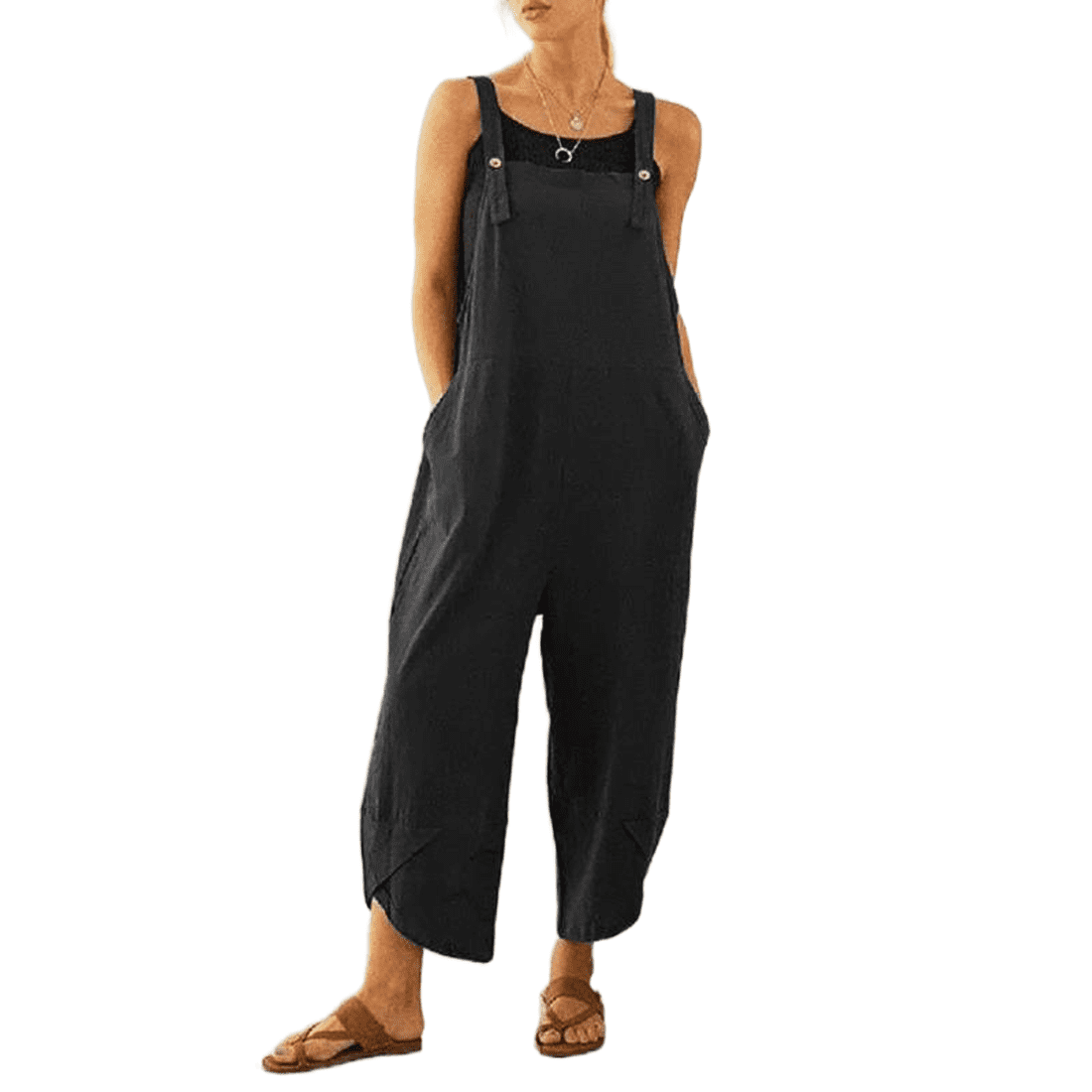 Women Baggy Tulip Hem Loose Jumpsuits Overalls Square Neck Sleeveless ...
