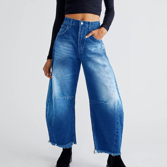 Women Baggy Wide Leg Jeans Barrel Boyfriend Cropped Hem Denim Pants Jean 18 Women plus Size Clothes 20w Womens Pants High Waist Women Pants Relativity Leggings Women's plus Pants Jean Cargo Pants for