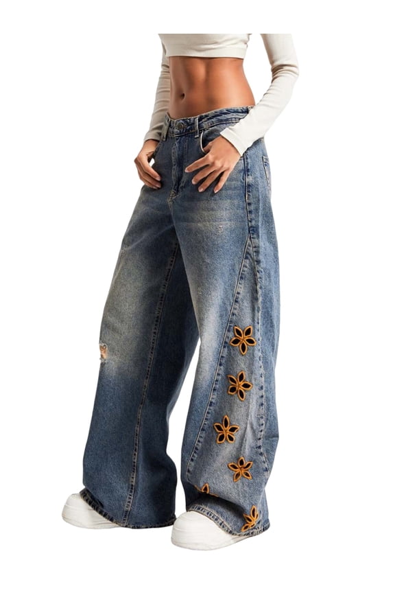 Women Baggy Y2k Distressed Jeans Boyfriend Embroidered Ripped Denim Pants Wide Leg Patchwork High Waist Chambray Blue L
