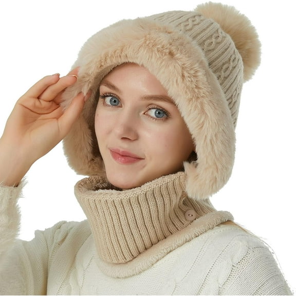Women Balaclava Visor One-Piece Skull Beanie Hat Neck Circle Scarf Ski Snow Winter Knit Fleece Cap Cold Weather