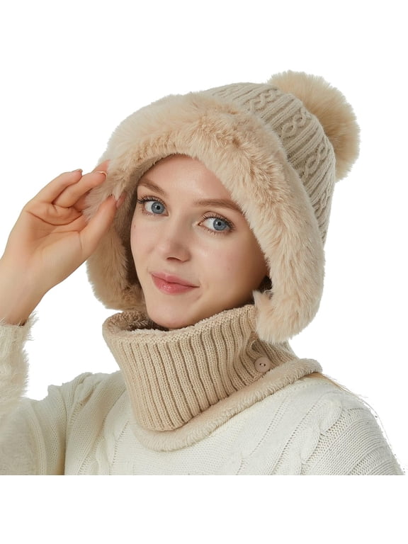 Women Balaclava Visor One-Piece Skull Beanie Hat Neck Circle Scarf Ski Snow Winter Knit Fleece Cap Cold Weather