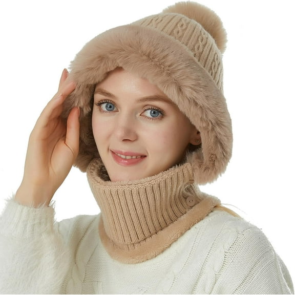 Women Balaclava Visor One-Piece Skull Beanie Hat Neck Circle Scarf Ski Snow Winter Knit Fleece Cap Cold Weather