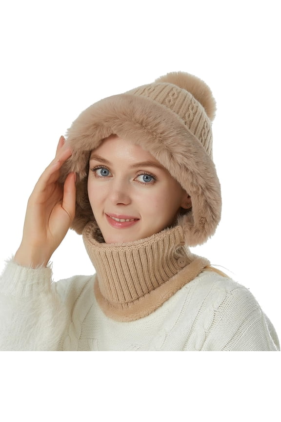 Women Balaclava Visor One-Piece Skull Beanie Hat Neck Circle Scarf Ski Snow Winter Knit Fleece Cap Cold Weather