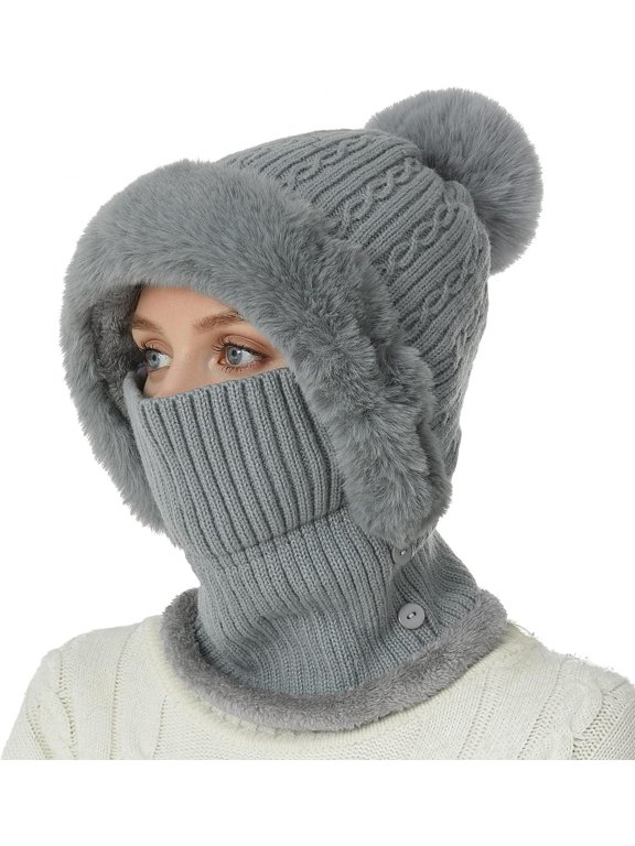 Women Balaclava Visor One-Piece Skull Beanie Hat Neck Circle Scarf Ski Snow Winter Knit Fleece Cap Cold Weather