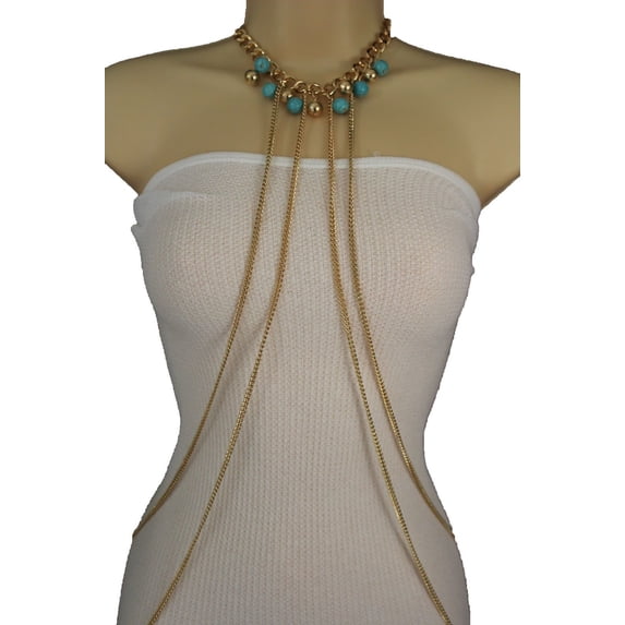 Women Ball Pendant Gold Metal Body Chain Necklace Fashion Jewelry Blue Turquoise