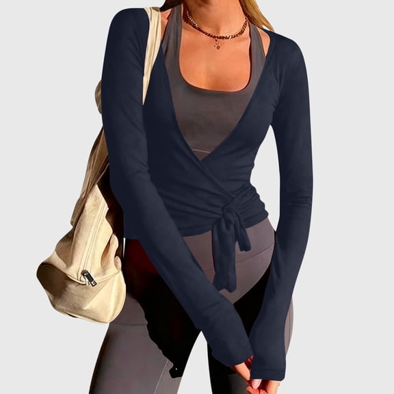 Women Ballet Crop Wrap Top Y2K Long Sleeve Cross Tie Top Pilates Yoga Wrap Shirts Ballet Workout Yoga Shirt Coquette Blouses Ballerina Cover Up Blouse