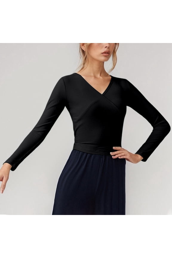 Women Ballet Dance Training Shirt Wrap Tie Front Long Sleeve High Elastic V Neck Bodysuit Dancewear Black