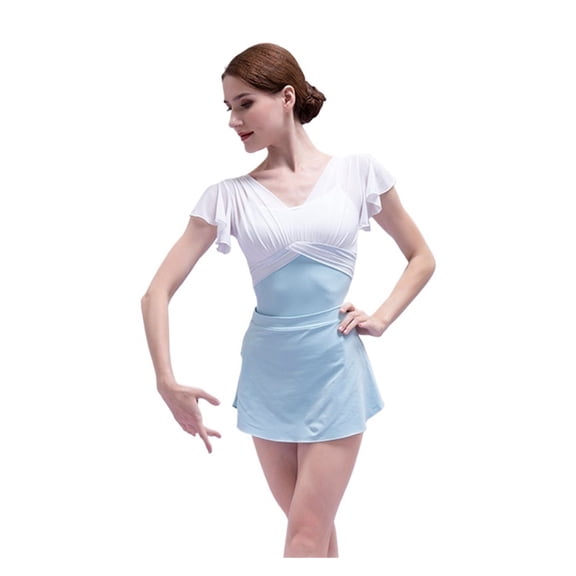 Women Ballet Leotards Adult Dancewear Spliced Pleats Ballet Bodysuit Adult Fake Two Piece Gymnastics Leotards