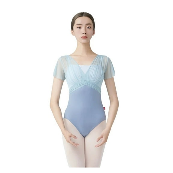 Women Ballet Leotards Dance Leotard Short Sleeve Pleats Ballet Bodysuit Adult Fake Two Piece Gymnastics Leotards