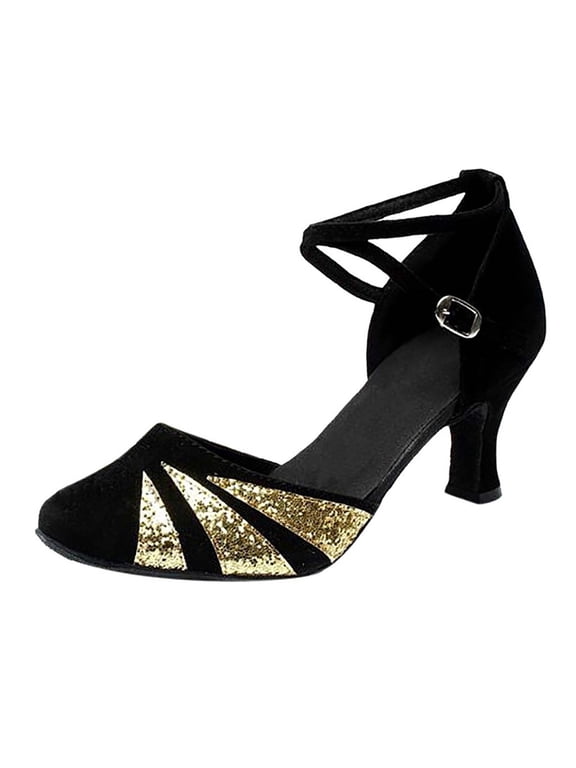 Women Ballroom Dance Shoes Latin Salsa Closed Toe 1920s Retro Sequins Party Wedding Heels Performance Dancing Pumps
