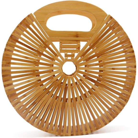 Women Bamboo Top-Handle Handbags Round Straw Beach Tote Bag Small