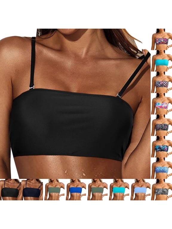 Women Bandeau Bikini Top with Removeable Straps Solid Cute Bikini Tops Summer Trendy Bikini Women's Bikini Only Tops