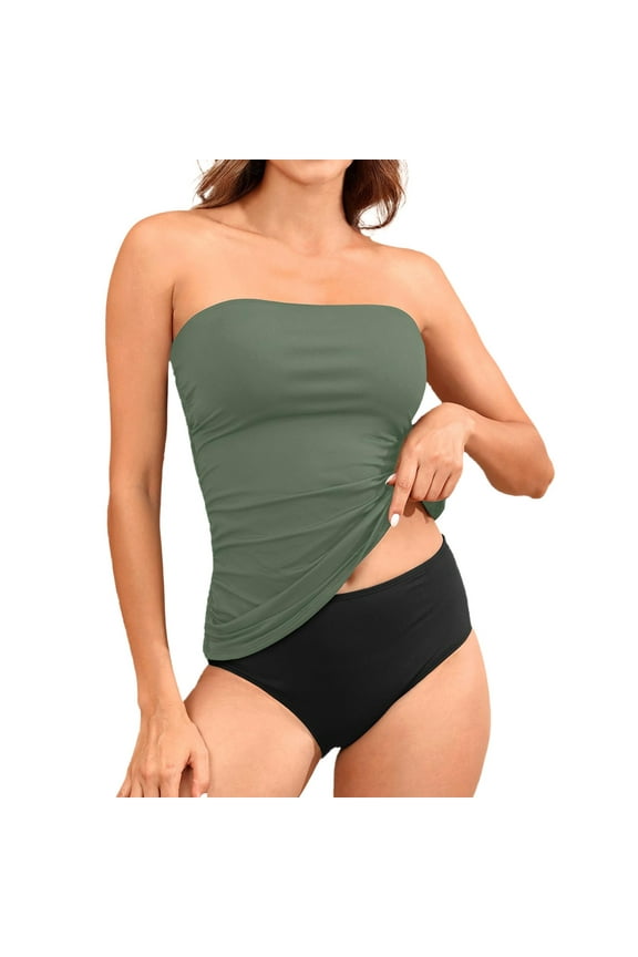 Women Bandeau Tankini Swimsuit Strapless Ruched Top Mid-Waist Brief Removable Straps Green Swimwear S-XXL