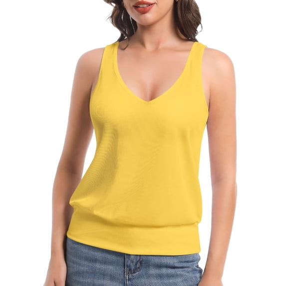 Women Banded Bottom Tank Tops Ribbed V Neck Sleeveless Casual Tops Summer Loose Fit Shirts