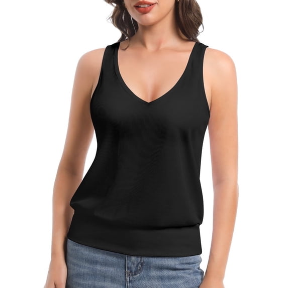 Women Banded Bottom Tank Tops Ribbed V Neck Sleeveless Casual Tops Summer Loose Fit Shirts