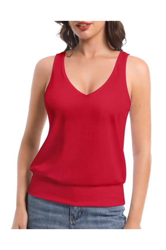 Women Banded Bottom Tank Tops Ribbed V Neck Sleeveless Casual Tops Summer Loose Fit Shirts