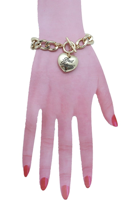 Women Bangle Bracelet Gold Metal Chain Heart Charm Best Friend Classic Look