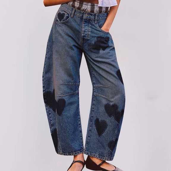 Women Barrel Jeans Wide Leg Baggy Boyfriends Jeans Loose Mid-Waist Vintage Button Denim Trousers Womens Boot Cut Jeans Dark Blue S
