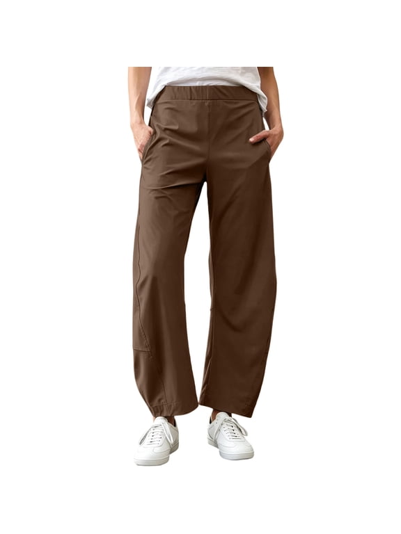 Women Barrel Travel Pants Elastic Waistband Tapered Leg Baggy Mid Rise Work Trousers Casual Pant with Pockets