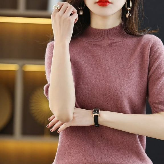 Womens Tops Women Base Sweater Solid Crewneck Knitwear Short Sleeve Pullover Slim Knitted Bottoming Shirt for Autumn Winter Shirts for Women