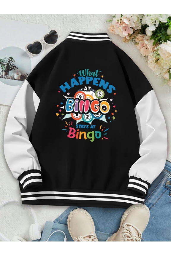Women Baseball Jacket Bingo Stays At Bingo Long Sleeve Tee Women Hoodie Funny Gambling Tee Top Bingo Lover Gift Idea Casual Daily Wear Comfortable Long Sleeve Top Baseball Jacket