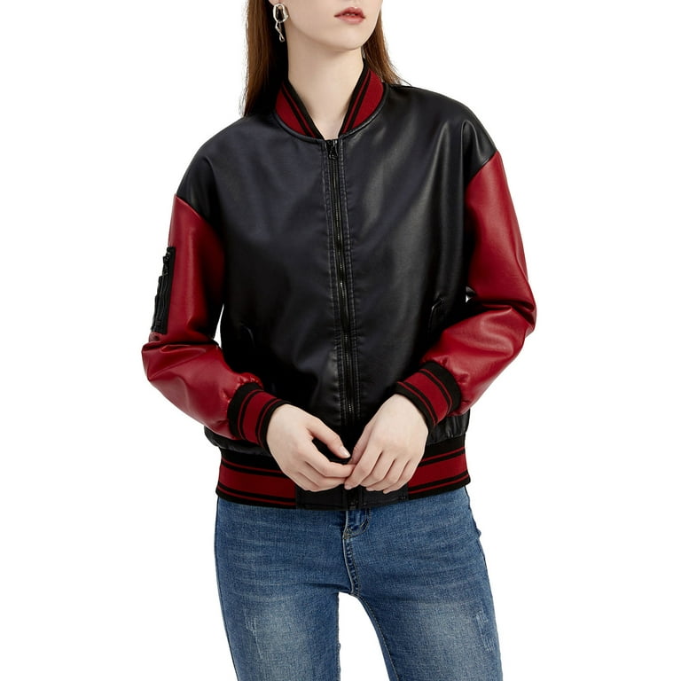 Women Baseball Jacket Long Sleeve Zipped Patchwork Varsity Jacket