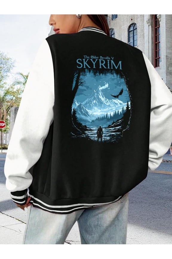 Women Baseball Jacket Skyrim Big Size Women Hoodie Dovahkiin Dragon Dragonborn Elder Scrolls V Skyrim Fus Ro Dah Gamer Gaming Oblivion Retro Skyrim For Ladies Bomber Hoodie