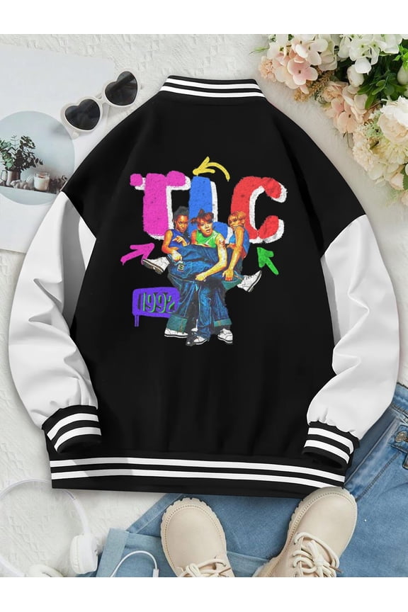 Women Baseball Jacket TLC Retro Hoodie Varsity Jacket for Ladies 90s Hip Hop Music Style Vintage Women's Clothing