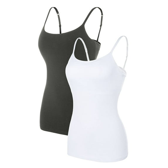 Women Basic Camisole Cotton Long Top Scoop Neck Tank with Adjustable Spaghetti Straps Solid Color Pack of 2