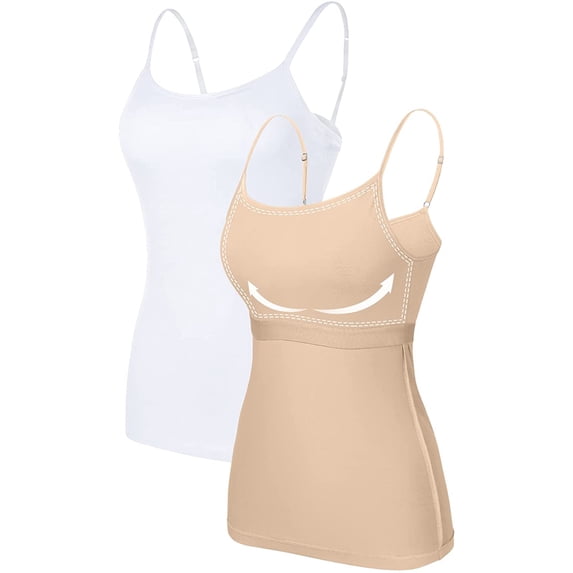 Women Basic Camisole Cotton Long Top Scoop Neck Tank with Adjustable Spaghetti Straps Solid Color Pack of 2