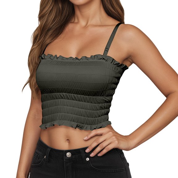 Women Basic Camisoles Casual Tank Tops Seamless Built In Bra Support Strap With Ruffle Trim For Fashion Wear Summer Sleeveless Tops