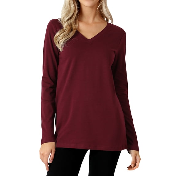 Women Basic Cotton Relaxed Fit V-Neck(S-3X) Long Sleeve T-Shirt Top (Single & Multi-Packs Available)