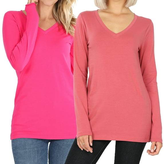 Women Basic Cotton Relaxed Fit V-Neck(S-3X) Long Sleeve T-Shirt Top (Single & Multi-Packs Available)