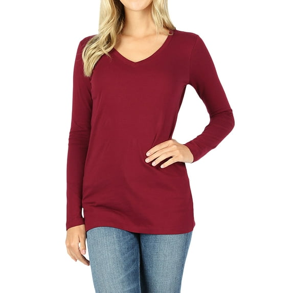 Women Basic Cotton Relaxed Fit V-Neck(S-3X) Long Sleeve T-Shirt Top (Single & Multi-Packs Available)