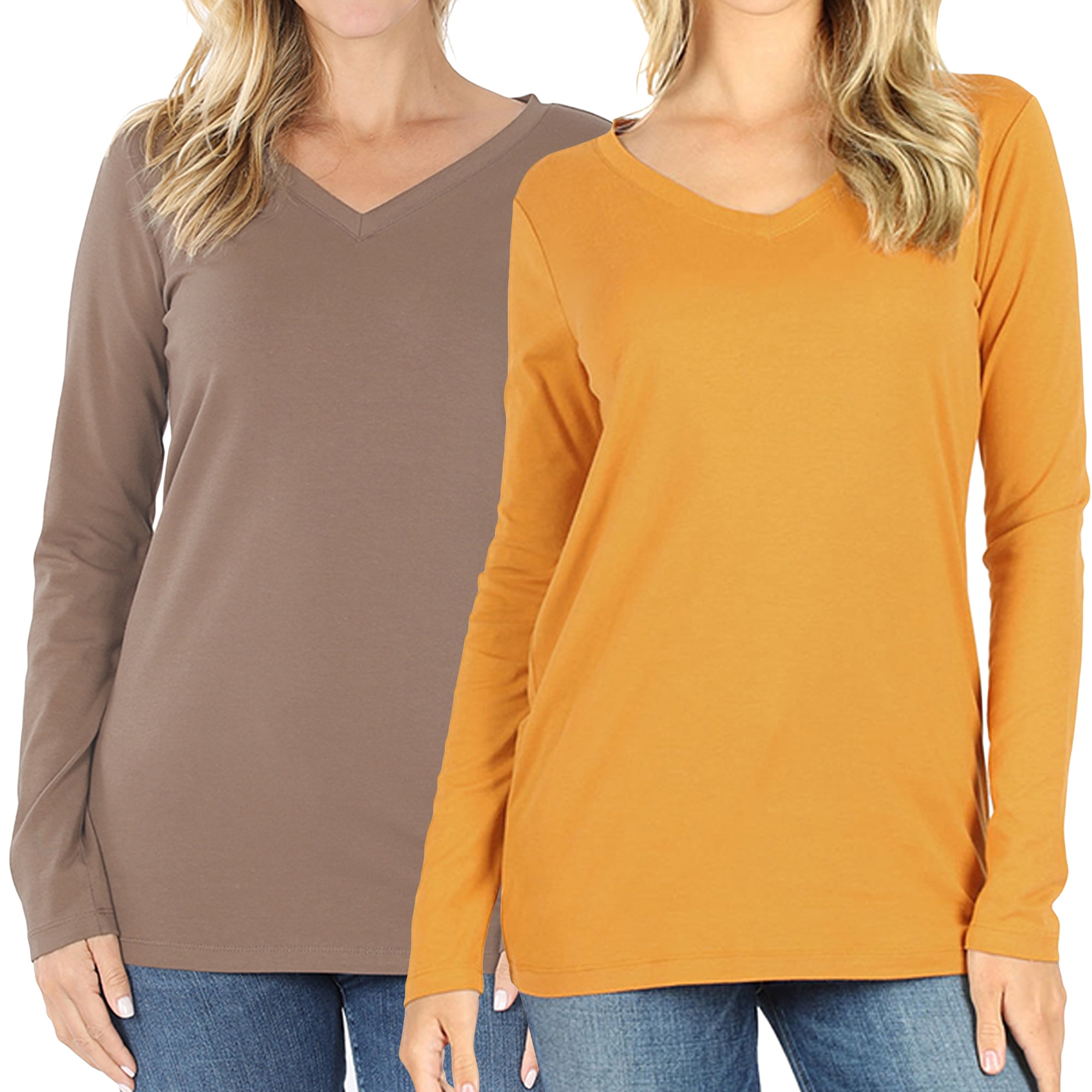 Women Basic Cotton Relaxed Fit VNeck(S3X) Long Sleeve TShirt Top (Single & MultiPacks