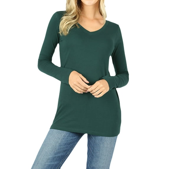 Women Basic Cotton Relaxed Fit V-Neck(S-3X) Long Sleeve T-Shirt Top (Single & Multi-Packs Available)