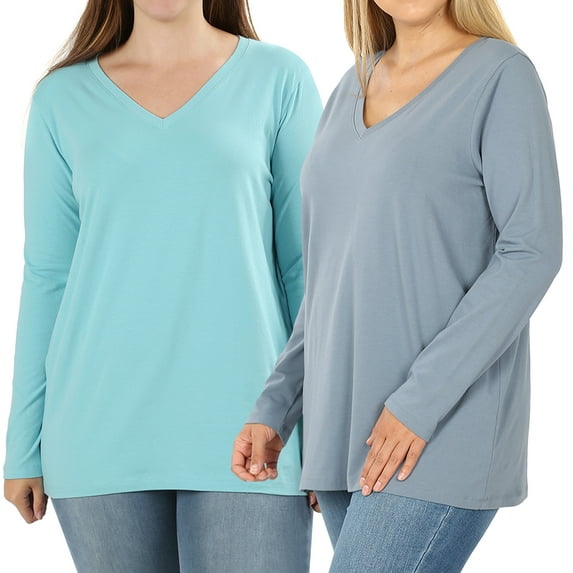 Women Basic Cotton Relaxed Fit V-Neck(S-3X) Long Sleeve T-Shirt Top (Single & Multi-Packs Available)