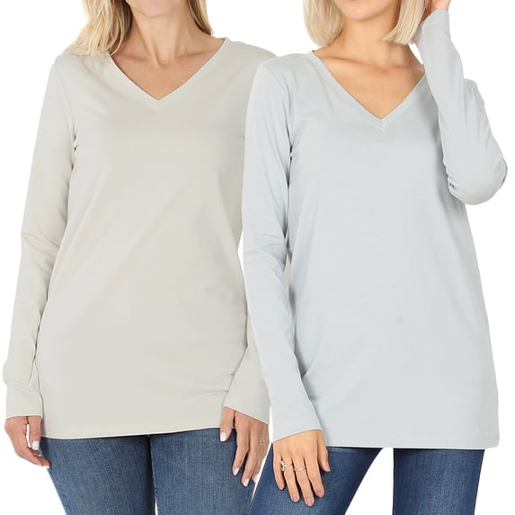 Women Basic Cotton Relaxed Fit V-Neck(S-3X) Long Sleeve T-Shirt Top (Single & Multi-Packs Available)