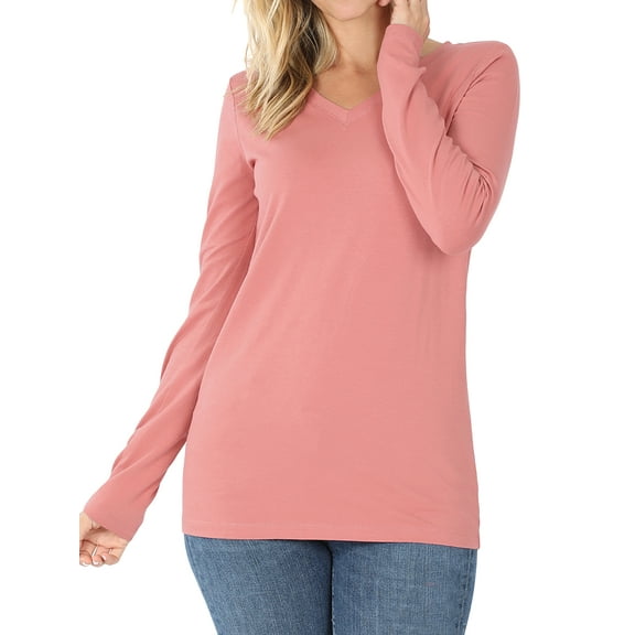 Women Basic Cotton Relaxed Fit V-Neck(S-3X) Long Sleeve T-Shirt Top (Single & Multi-Packs Available)