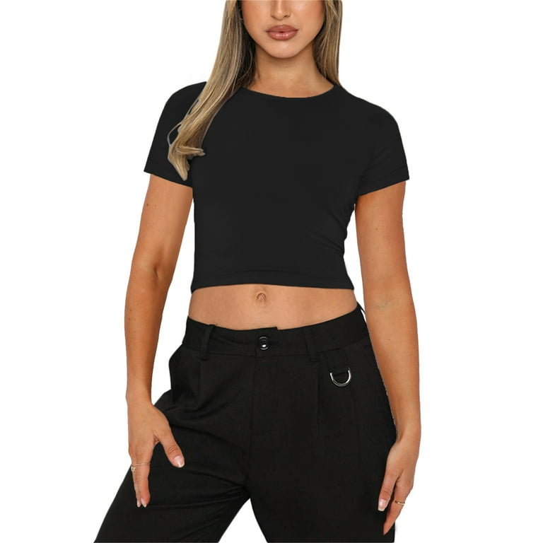 Artivaly Women's Slim Fitted Basic Round Neck Long Sleeve Solid Crop Top (2  Pack Black, X-Small) at  Women's Clothing store