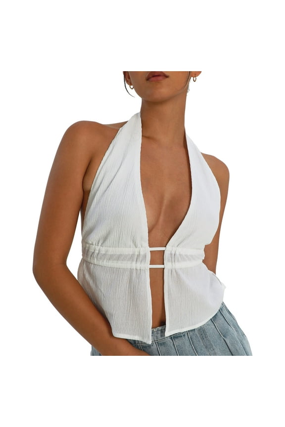 Women Basic Halter Tank Top Tie Up Backless Pleated Bustier Slim Fit Tee Summer Cute Mini Vest Streetwear