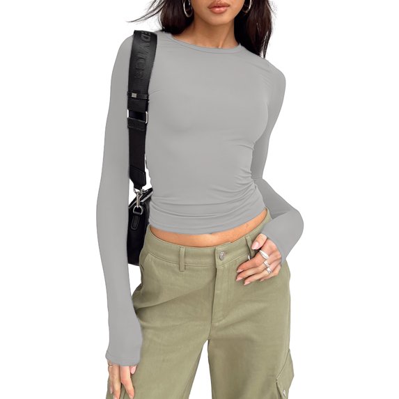 Women Basic Long Sleeve T Shirt Crew Neck Slim Fitted Crop Top Causal Solid Y2k Pullover Going Out Tight Tees Tops