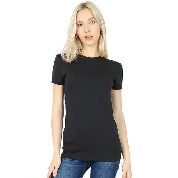 Women Basic Round Crew Neck Cotton Short Sleeve Longline T Shirt (Black / Medium)