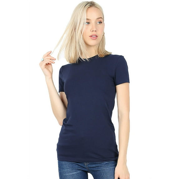 Women Basic Round Crew Neck Cotton Short Sleeve Longline T Shirt (Navy / X-Large)